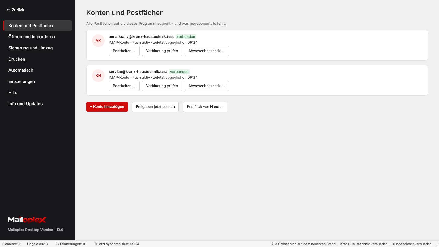 Datei-Seite mit Konten und Verbindungszustand