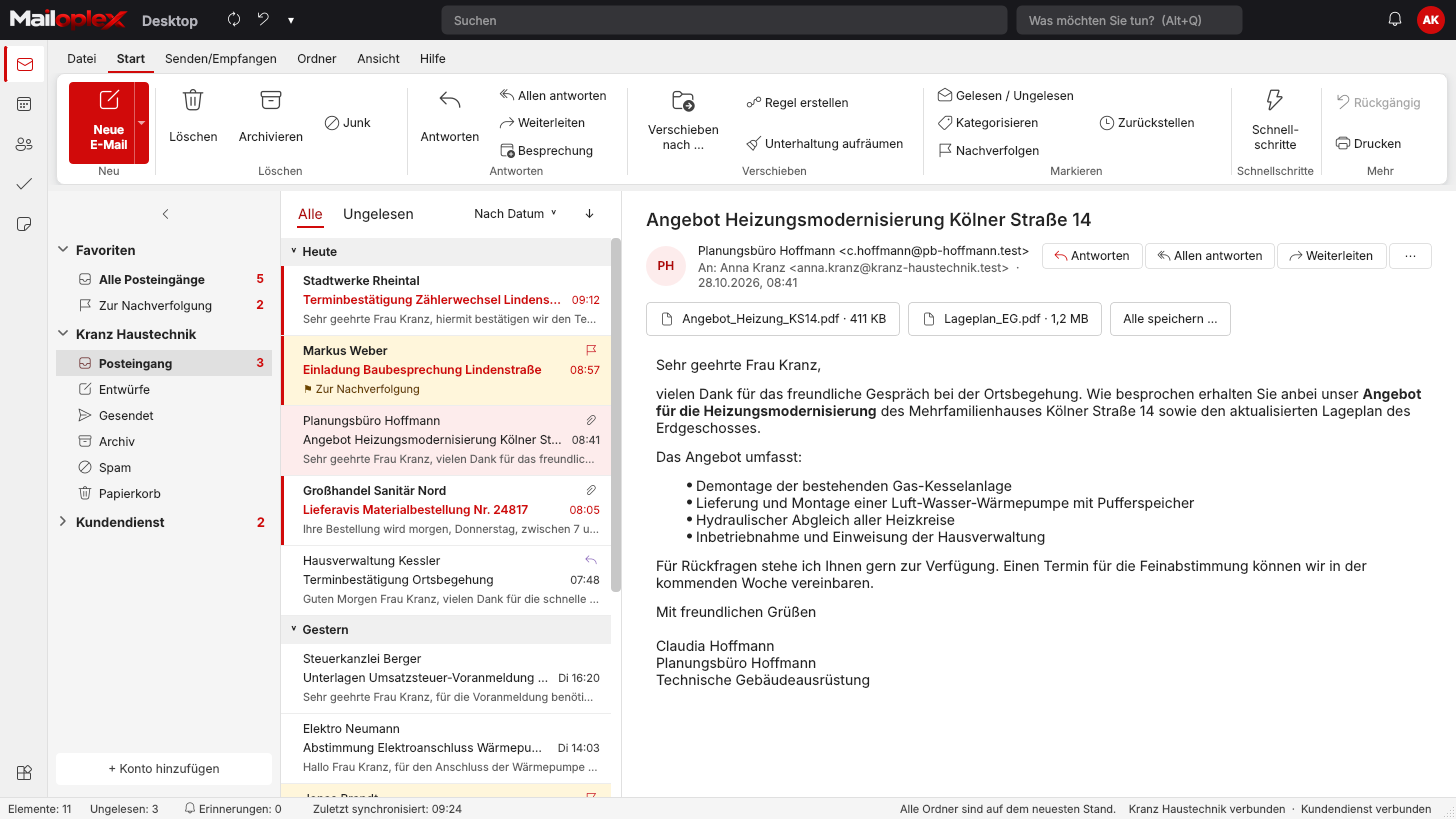 Posteingang in Mailoplex Desktop mit Menüband und Lesebereich