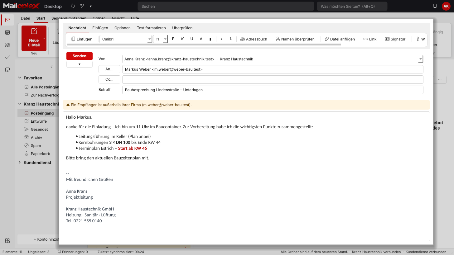 Schreibfenster von Mailoplex Desktop