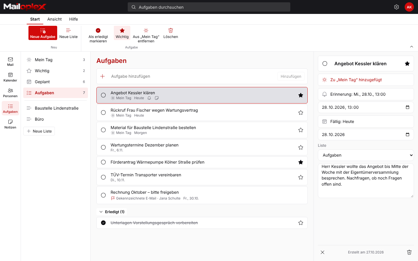 Task list with detail pane