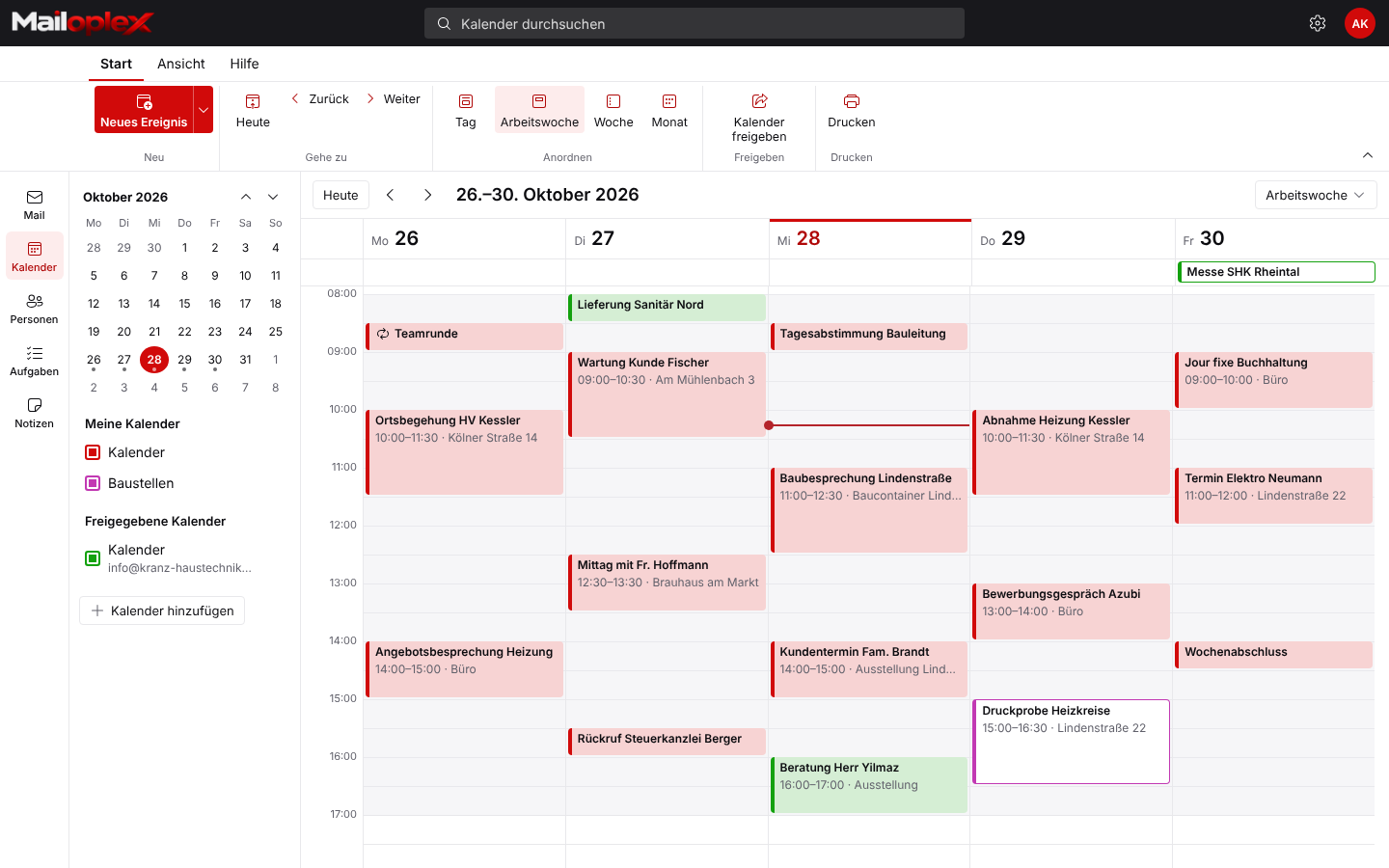 Calendar in work week view
