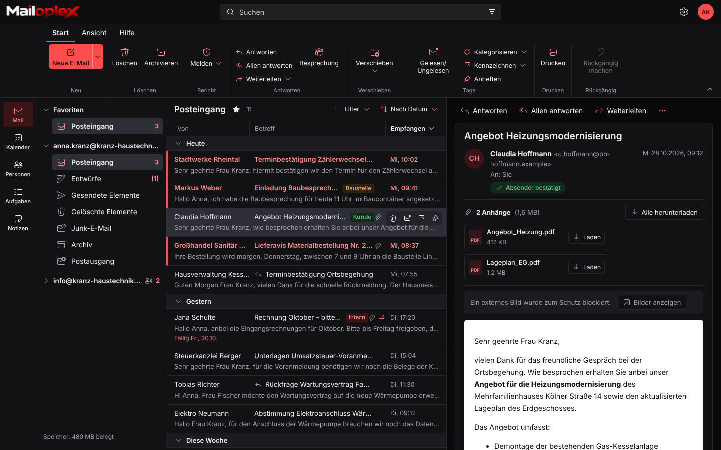 Inbox in dark mode