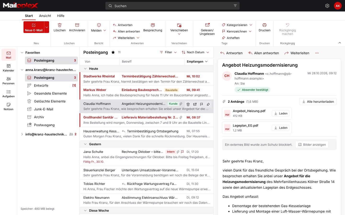 Inbox in Mailoplex Web with ribbon and reading pane