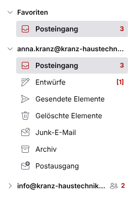 Folder list with your own mailbox and the shared mailbox info@