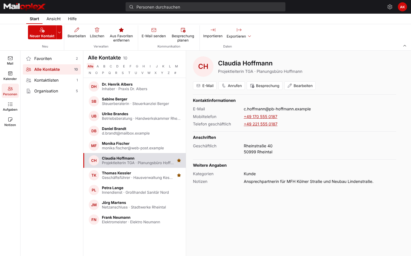 Contacts view with contact card