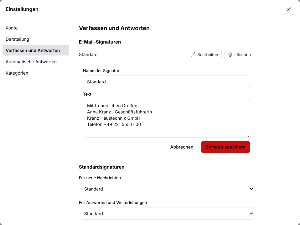 Email signature settings